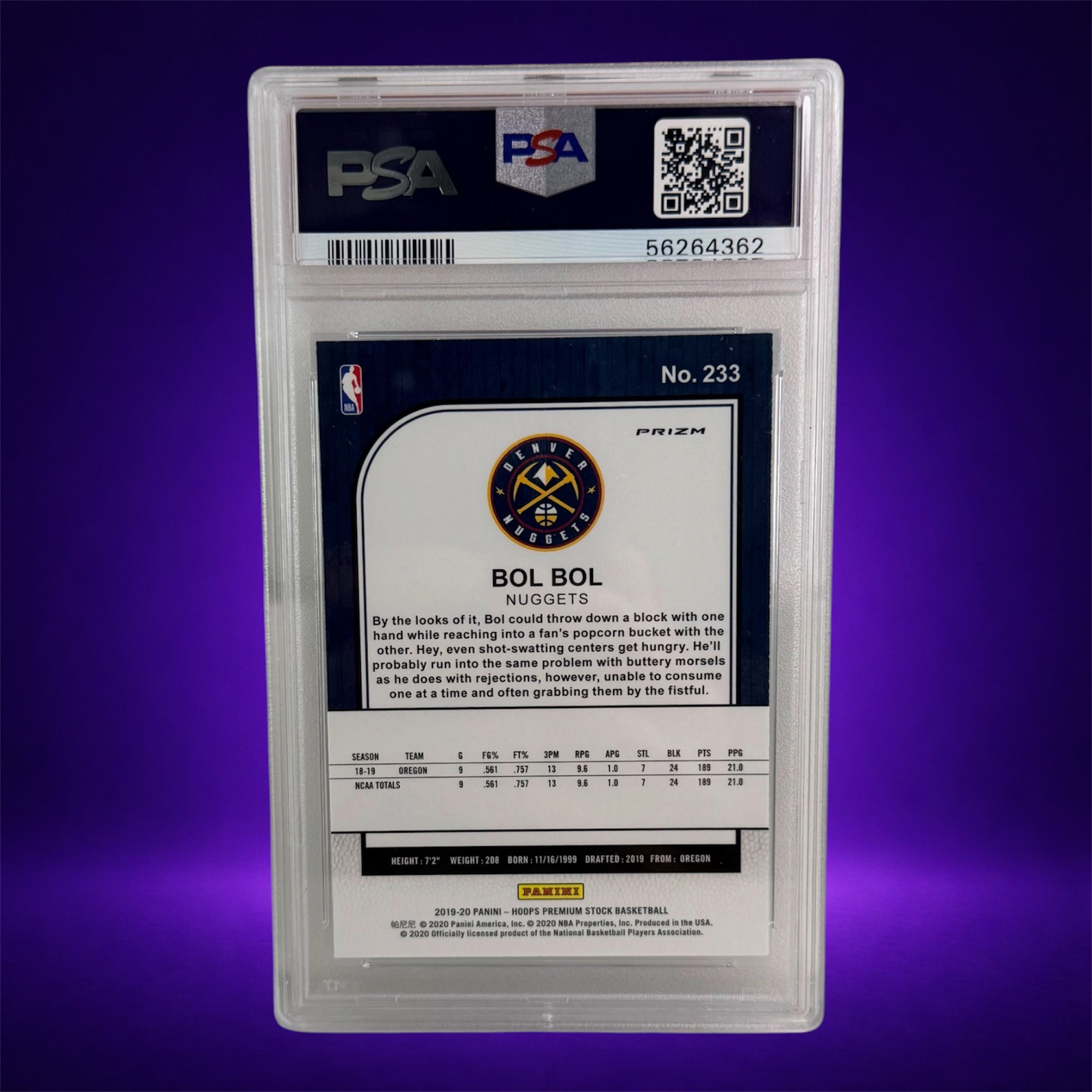 Bol Bol Rookie PSA 10 – 2019 Panini NBA Hoops Premium Stock #233