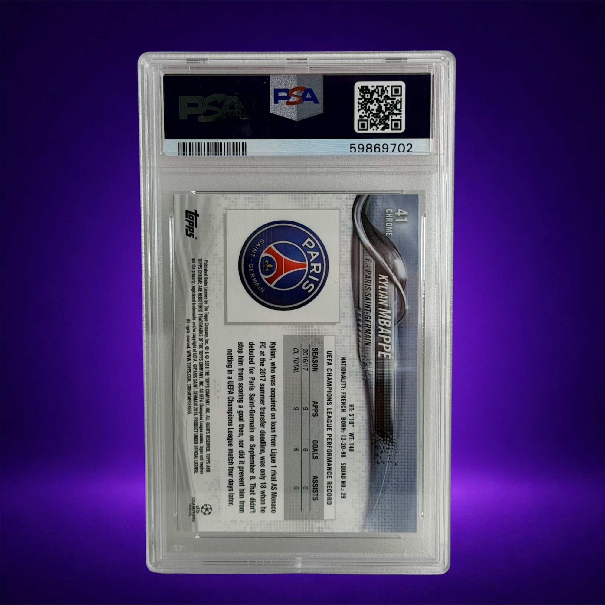 Kylian Mbappe Rookie PSA 9 – 2017 Topps Chrome UEFA Champions League #41